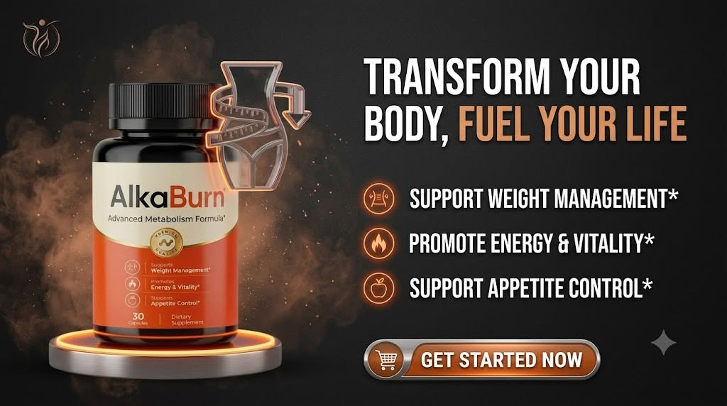 Supplied AlkaBurn promotional artwork showing weight-management, energy and appetite support positioning