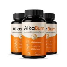Supplied AlkaBurn product-format photograph showing supplement bottles
